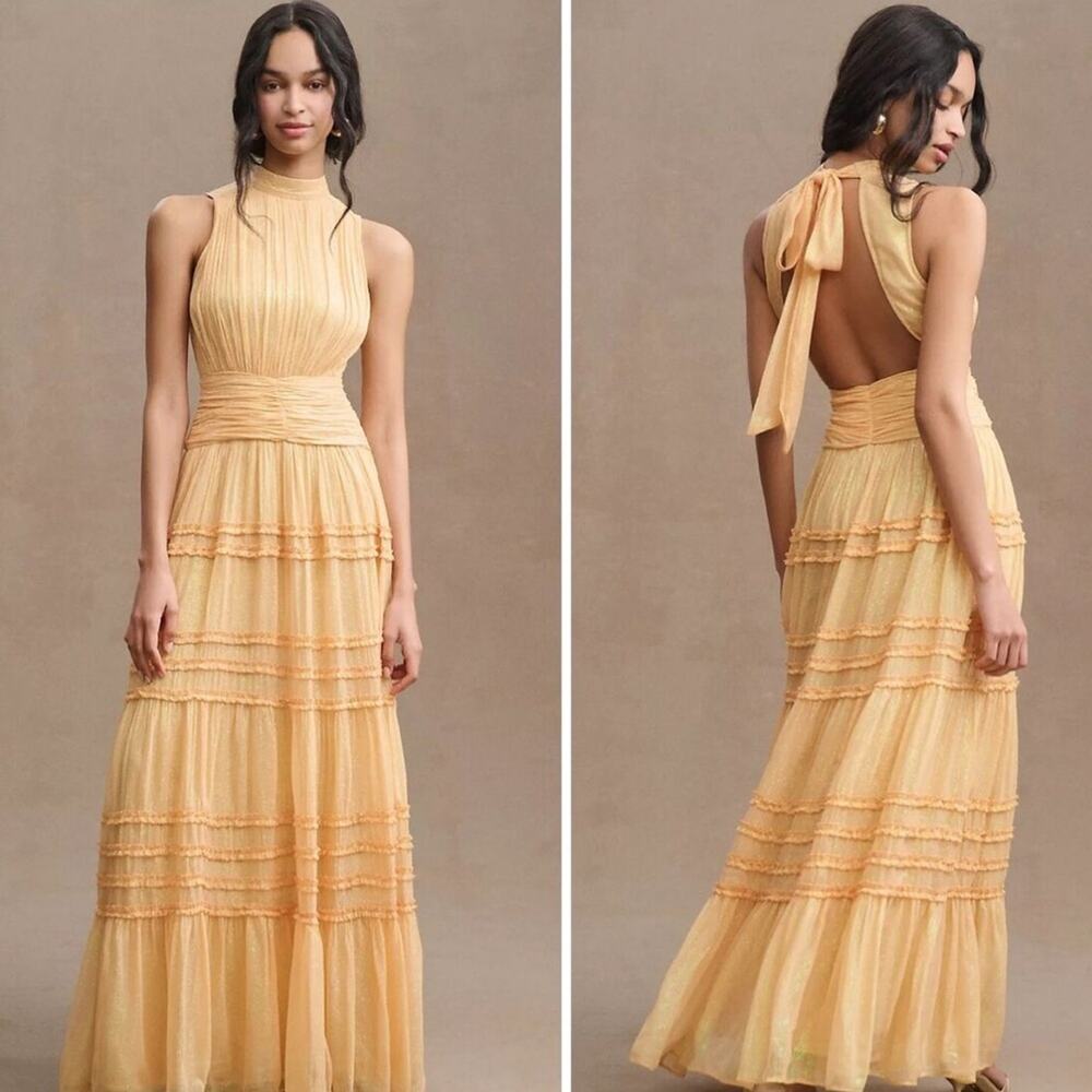 BHDLN Anthropologie Sleeveless Tiered Long Gown Yellow‎ Size 12 Luxe